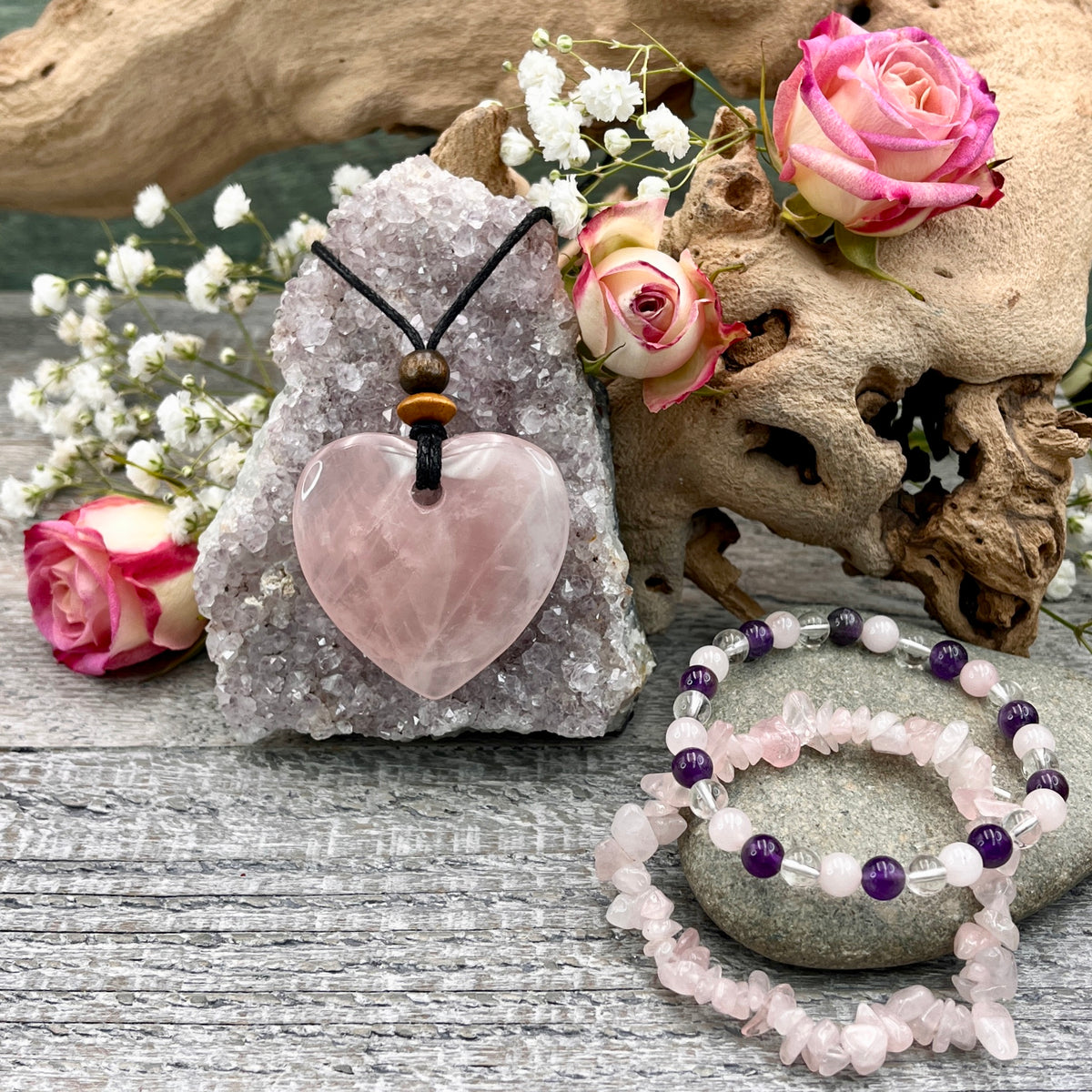 Rose Quartz Heart Necklace Bundle with matching Bracelets