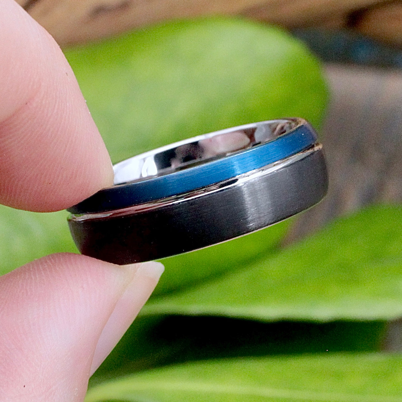 Tungsten Ring with Black and Blue Brushed Design