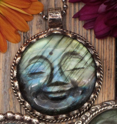 Labradorite Moon Face Pendant - Tibetan Silver