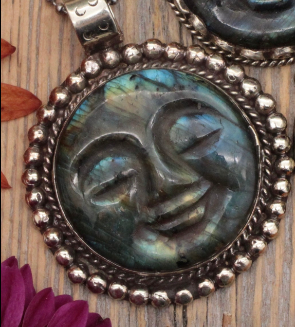 Labradorite Moon Face Pendant - Tibetan Silver