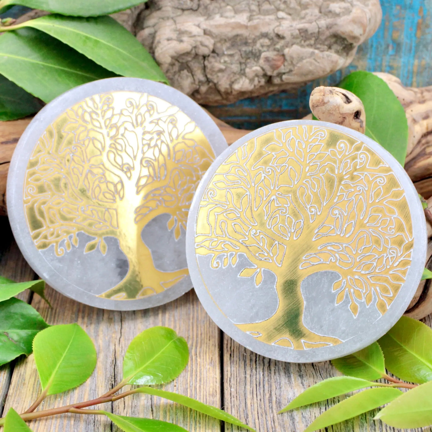 Selenite Plate with Gold Colored Tree of Life