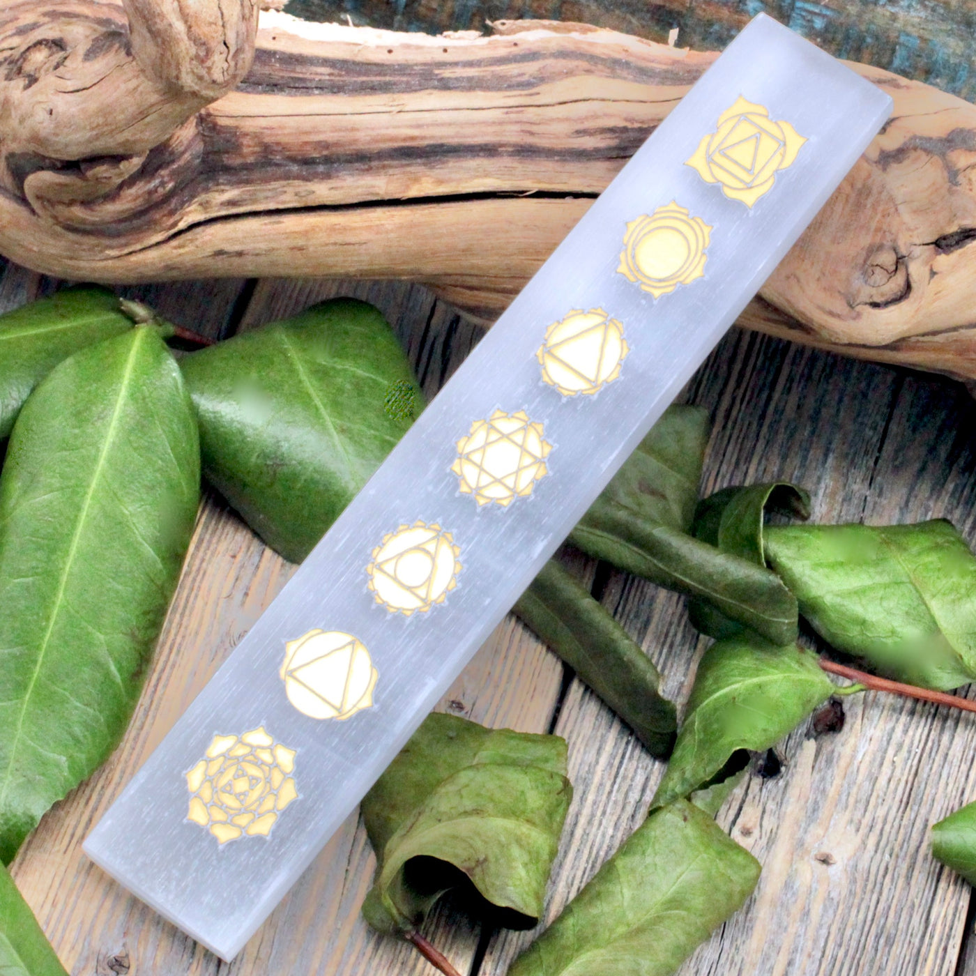 Selenite Ruler Charging Plate with Golden Chakra Etchings