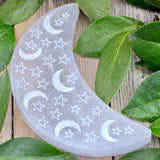 Selenite Crescent Charging Plate with Etched Moon & Stars