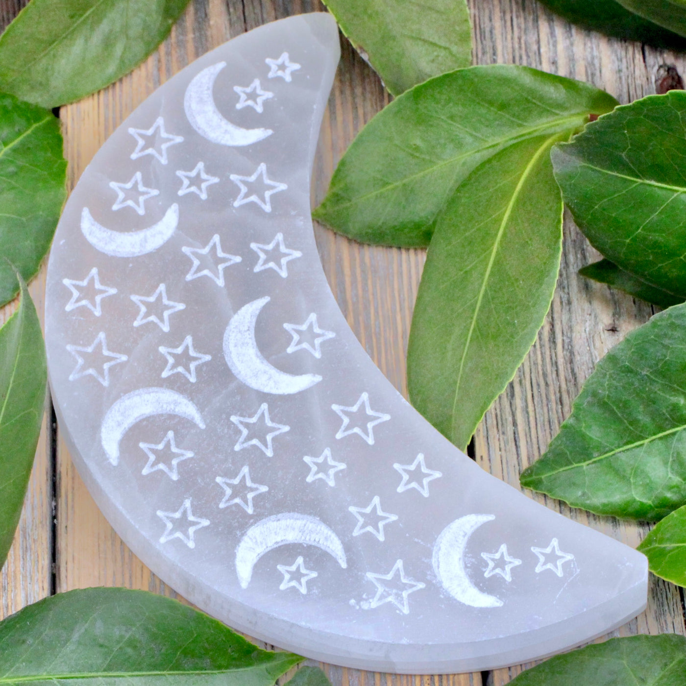 Selenite Crescent Charging Plate: Moon and Stars