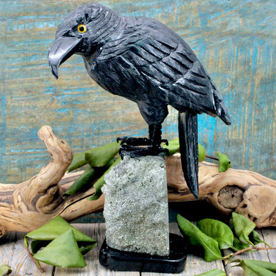 Black Onyx Raven on Pyrite Stand