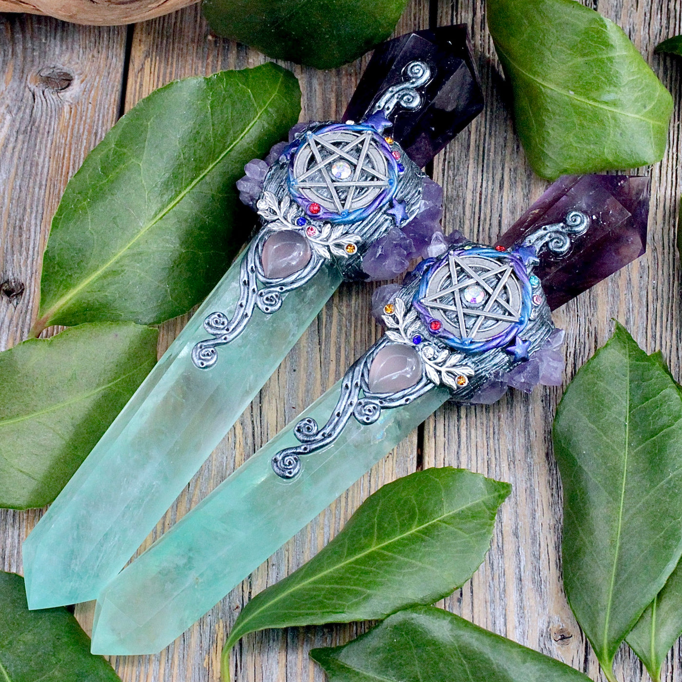 Fancy Large Crystal Wand - Green Fluorite and Amethyst