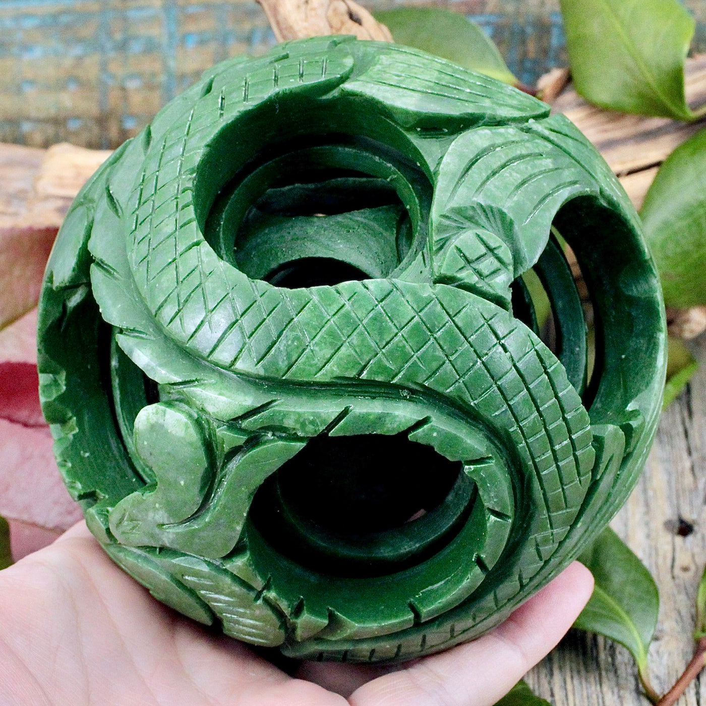 Green Soapstone Puzzle Ball with Stand