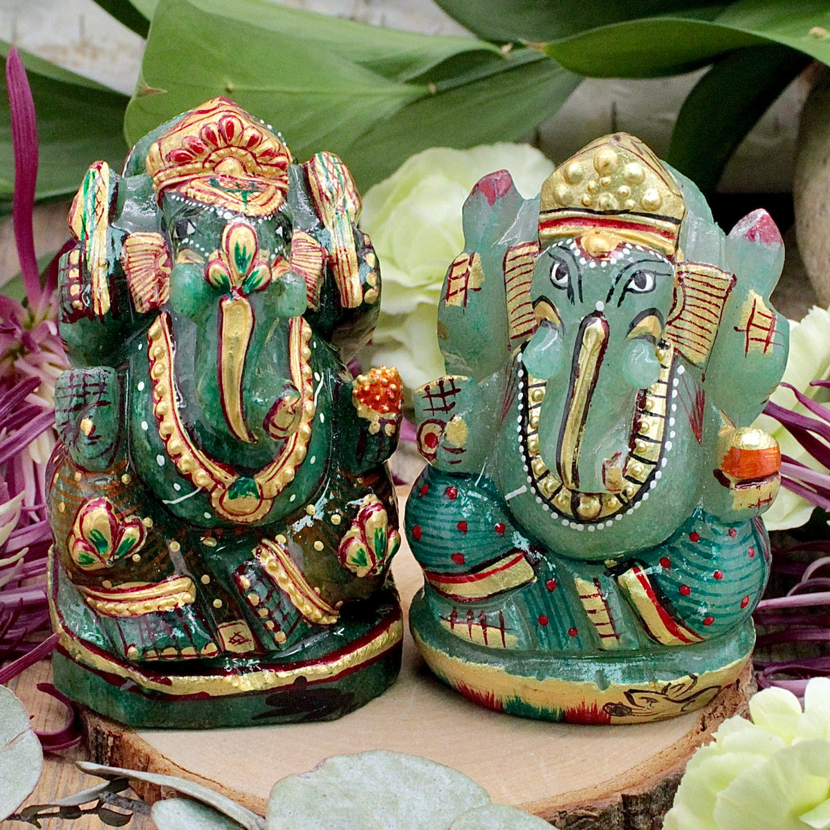 Green Aventurine Ganesha Carving - Hand Painted