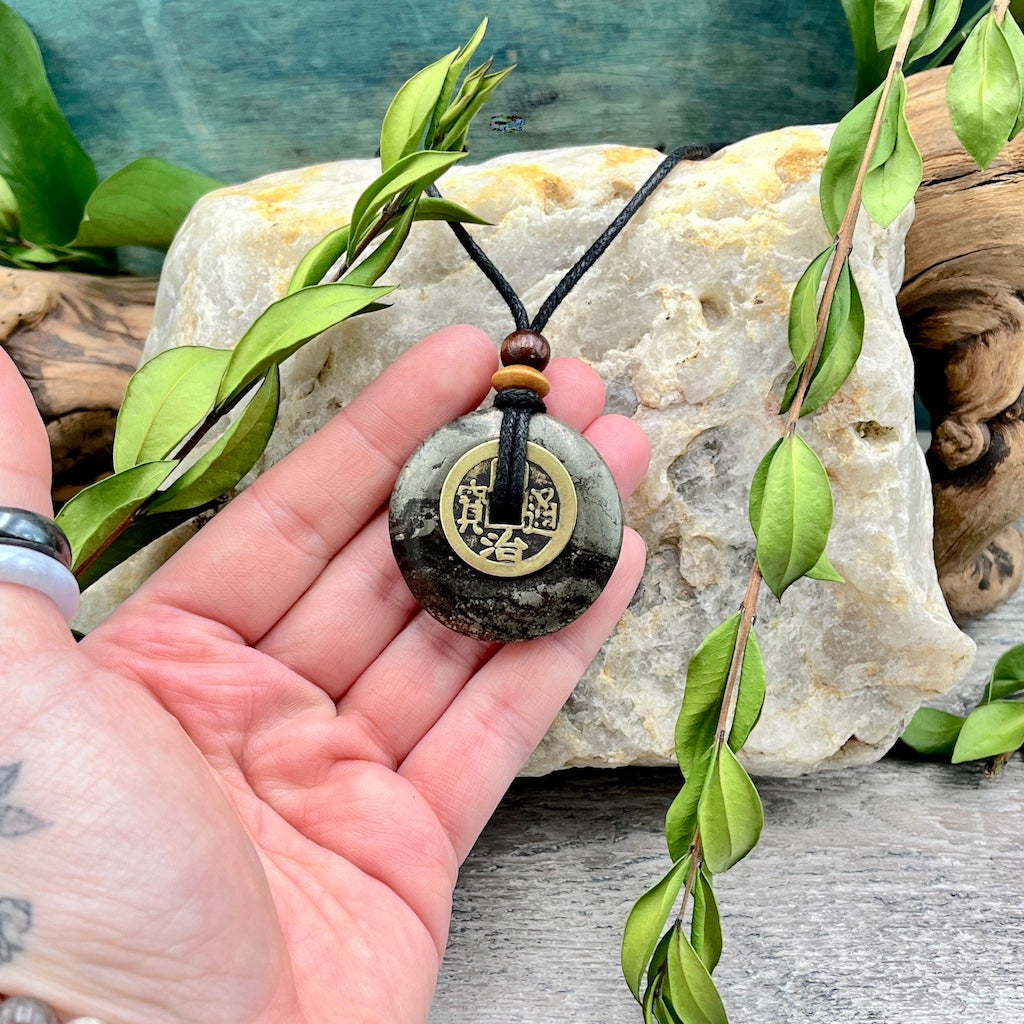 Manifestation Pyrite Necklace 40mm hand