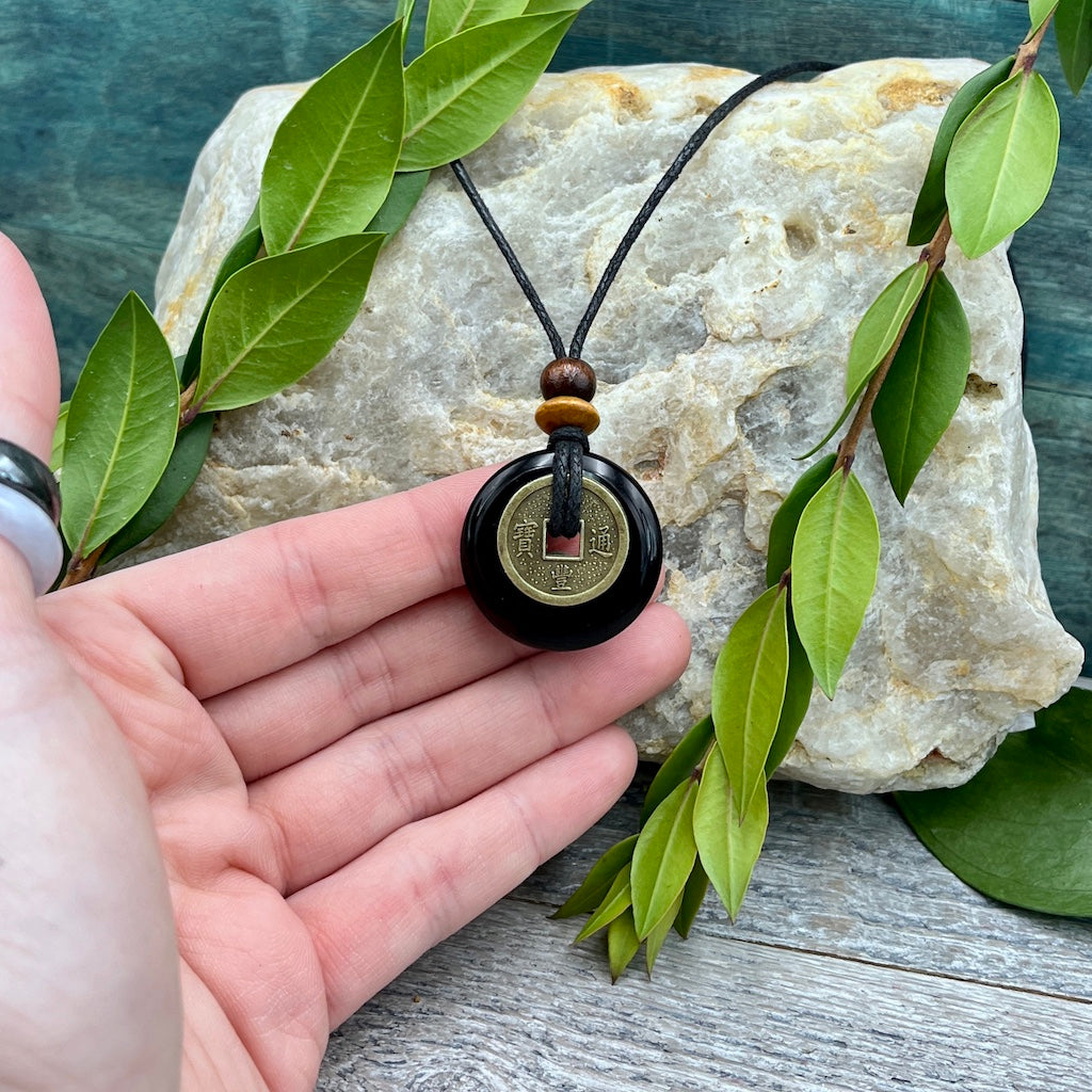 Protection Black Jasper Necklace 30mm hand