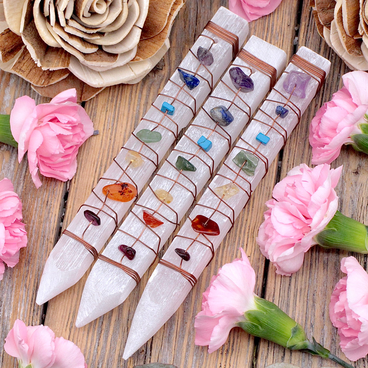 Selenite Wand with Chakra Stones and Copper Wire