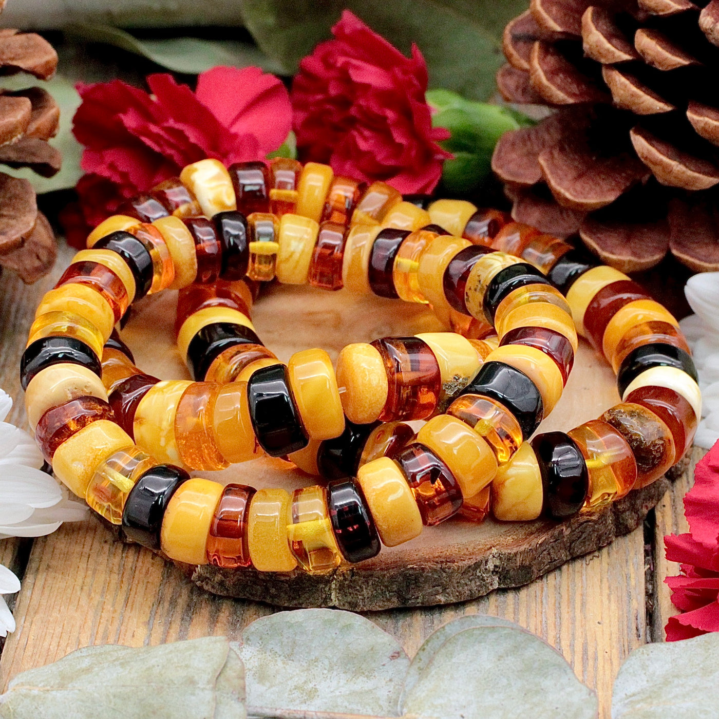 Tri-Color Amber Cylinder Bead Bracelet