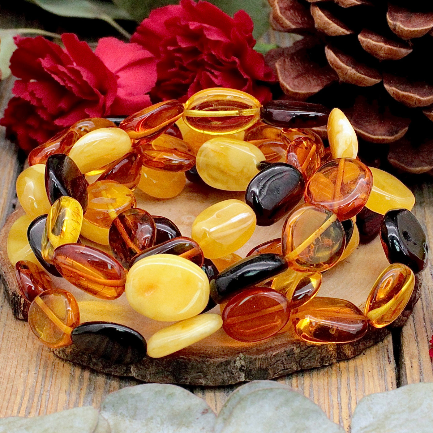 Tri-Color Amber Flat Bead Bracelet