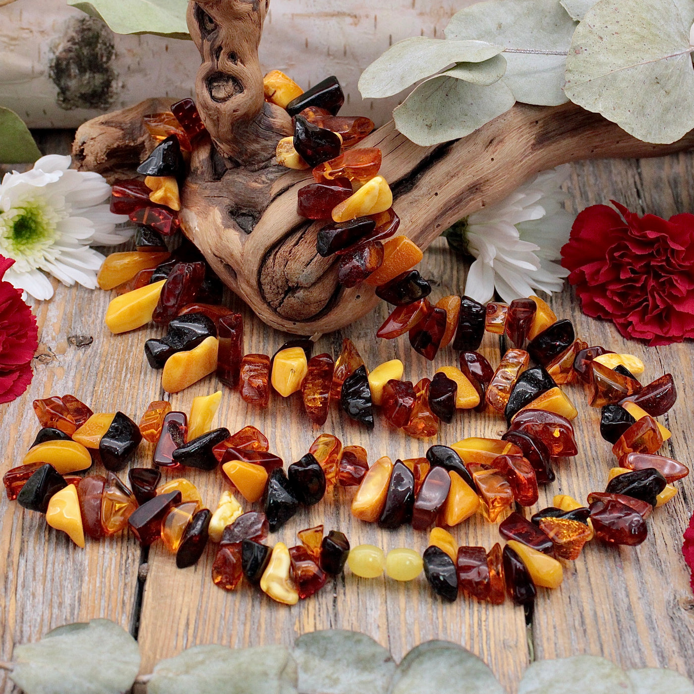 Tri-Color Amber Medium Chip Necklace Long