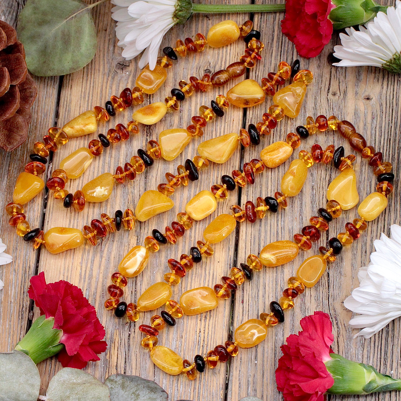 Tri-Color Amber Mixed Bead Necklace