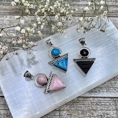 Triangle Double Stone Pendant - Pink Opal - Turquoise - Black Tourmaline