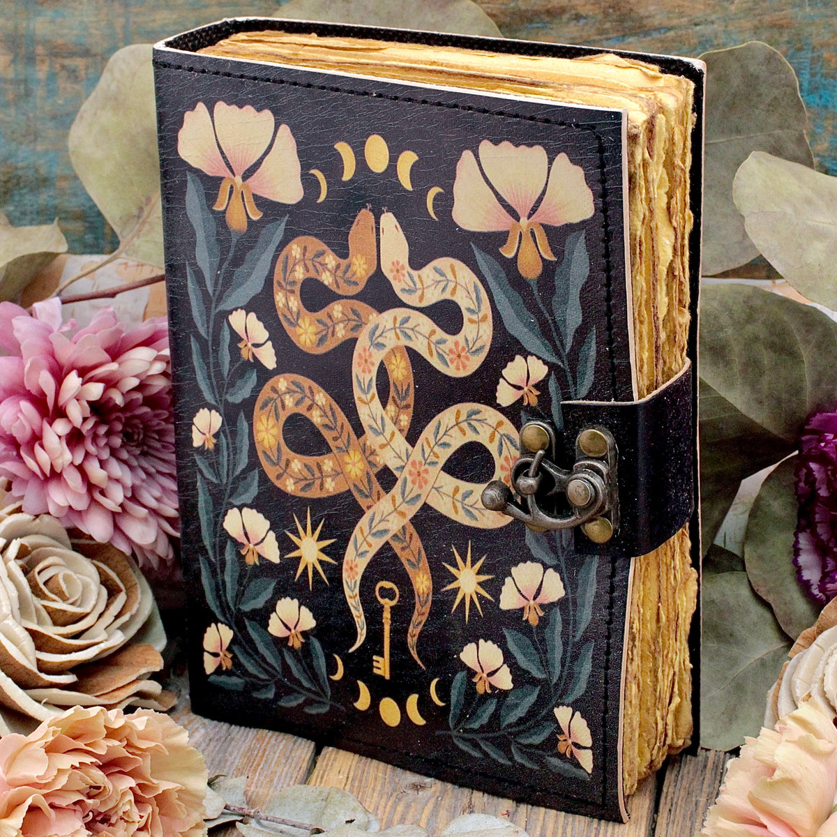 Twin Snakes Leather Bound Journal with Aged Pages & Metal Clasp