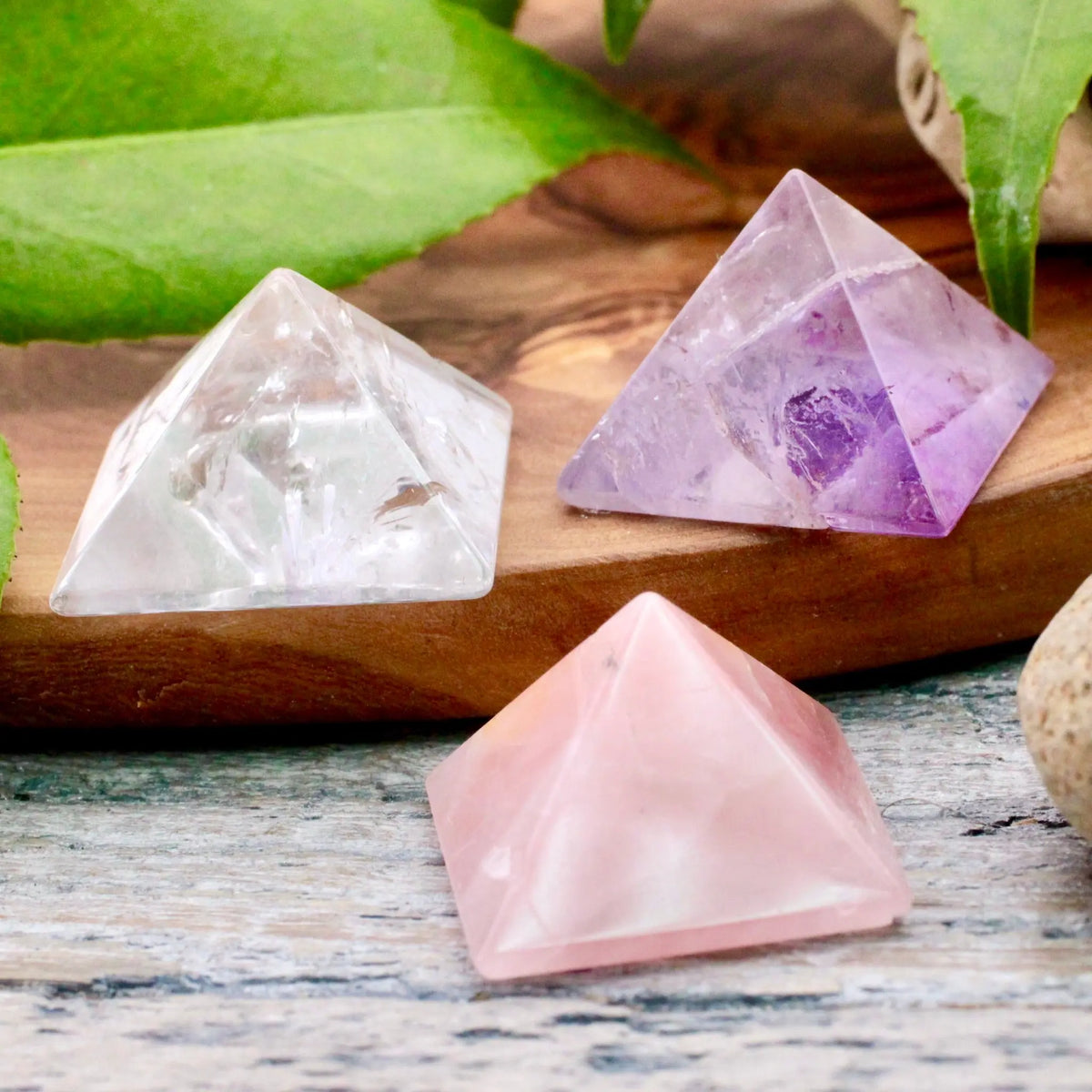 Amethyst Rose Quartz and Clear Quartz Mini Pyramid Trio