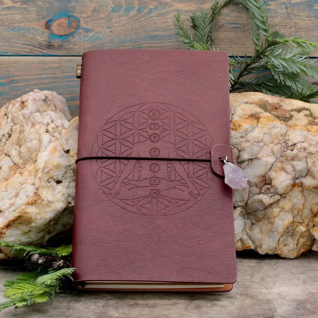 Embossed Leather Journal - Chakra Lotus Design Red