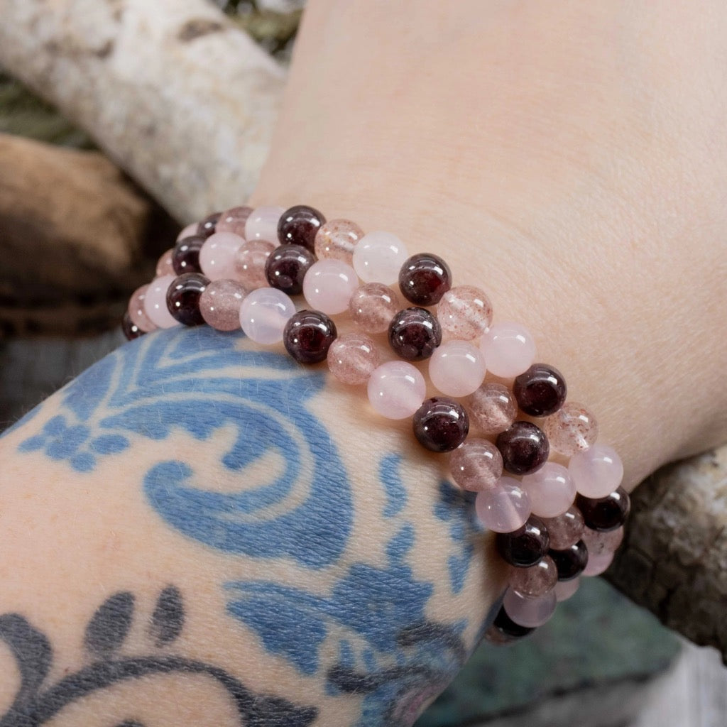 Garnet, Strawberry Quartz and Rose Quartz Bracelet –