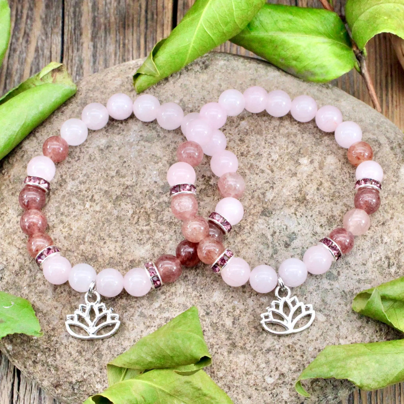 Rose Quartz Strawberry Quartz Bracelet with Lotus Charm –