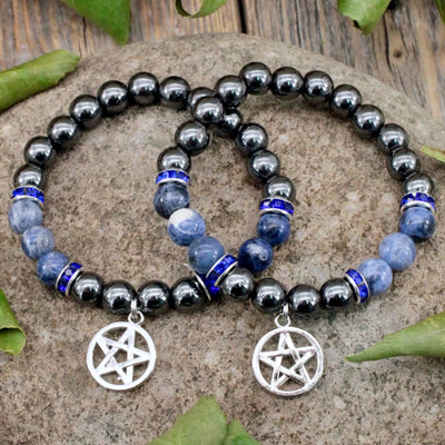Hematite and Sodalite Bracelet with Pentacle Charm - 8mm