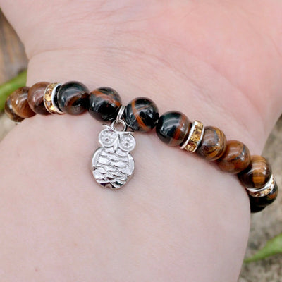 Blue and Yellow Tiger's Eye Bracelet with Owl Charm - 8mm