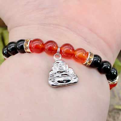 Carnelian and Black Onyx Bracelet with Buddha Charm - 8mm