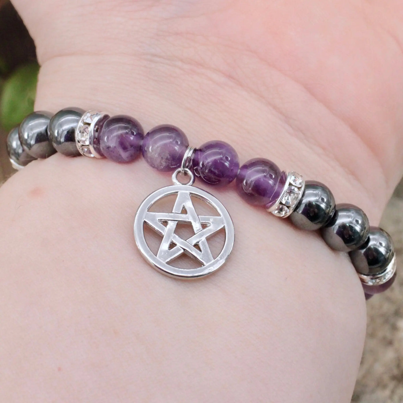 Amethyst and Hematite Bracelet with Pentacle Charm - 8mm
