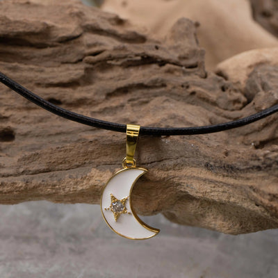 Crescent Moon Necklace w/ Star, Black or White
