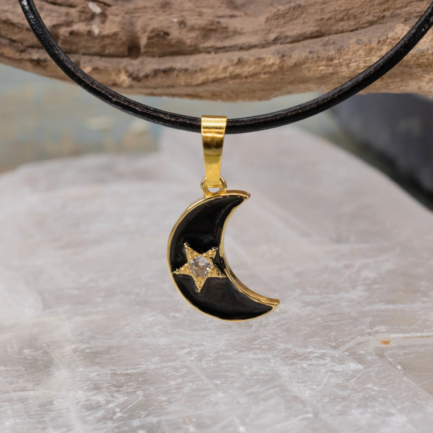 Crescent Moon Necklace w/ Star, Black or White