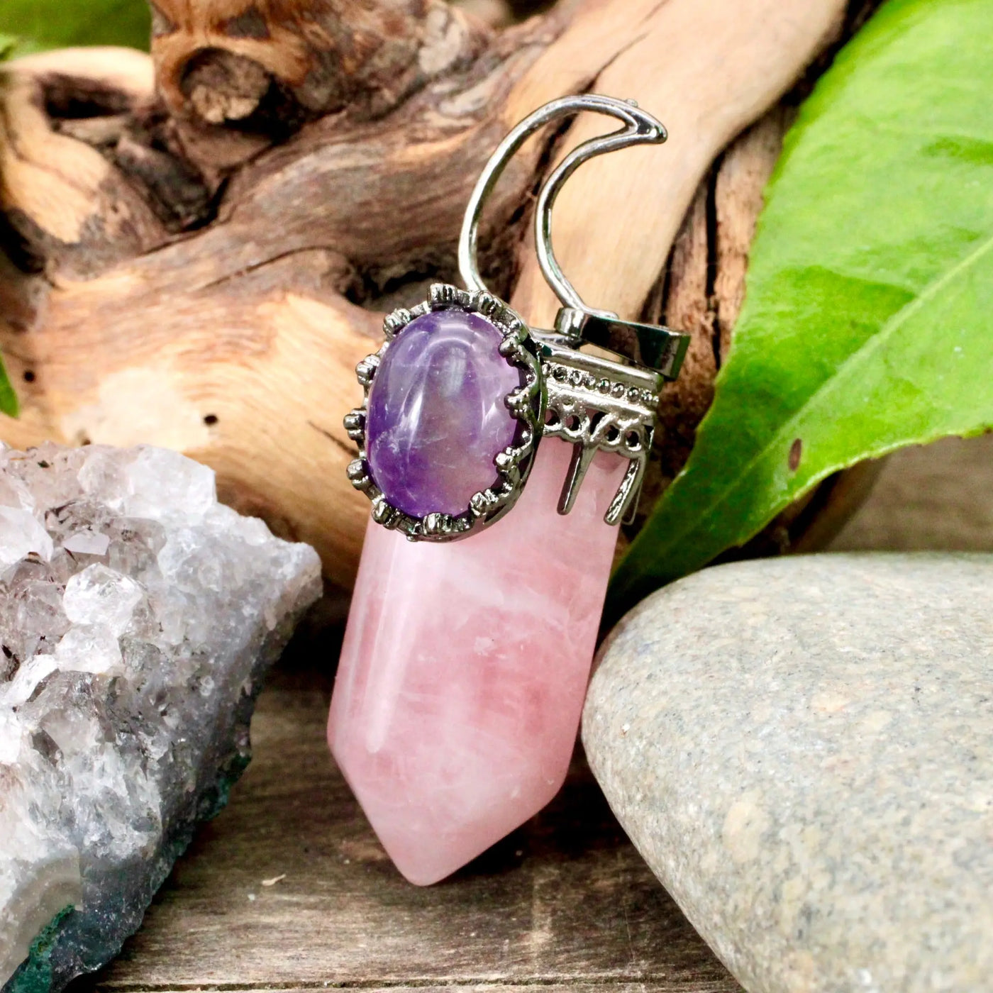 Rose Quartz Point With Amethyst And Moon Pendant