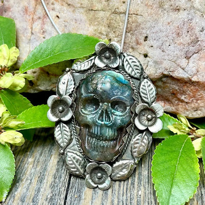 Labradorite Skull Pendant with Floral Design