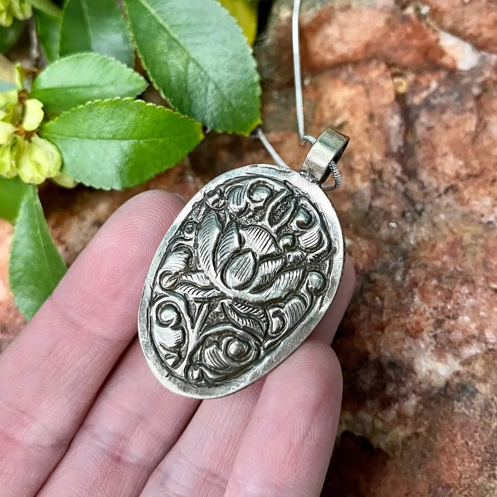 Carved Bone Skull Pendant - Tibetan Silver