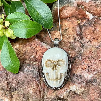Carved Bone Skull Pendant - Tibetan Silver