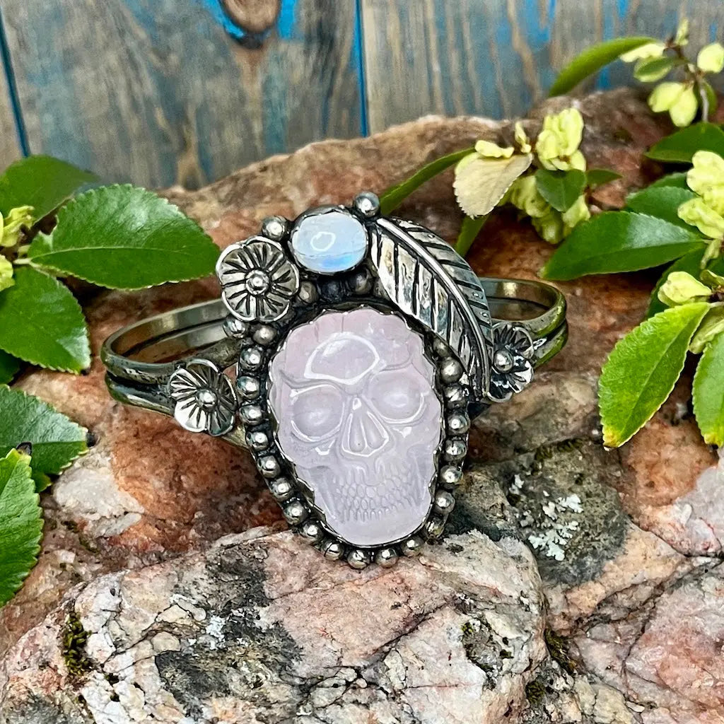 Rose Quartz Skull Cuff Bracelet with Moonstone - Tibetan Silver