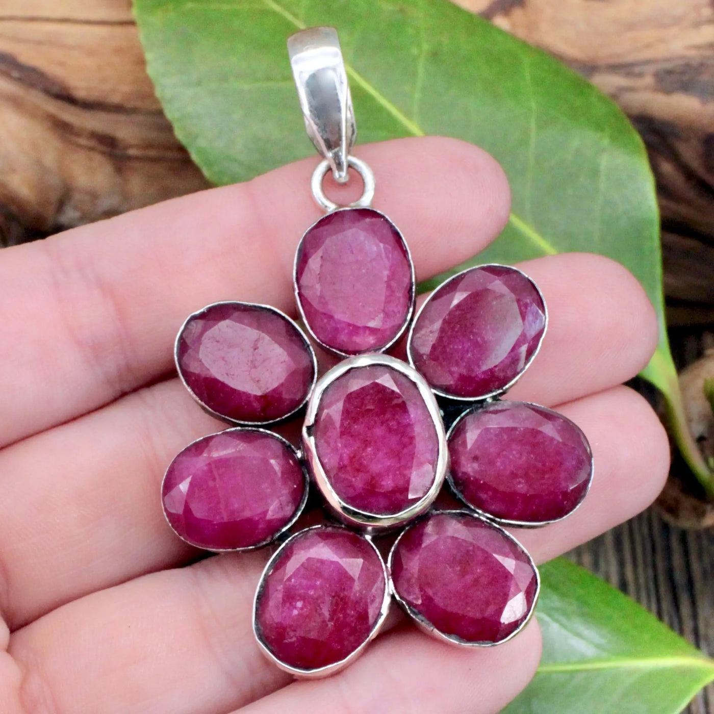 Ruby Flower Pendant in Indian Silver