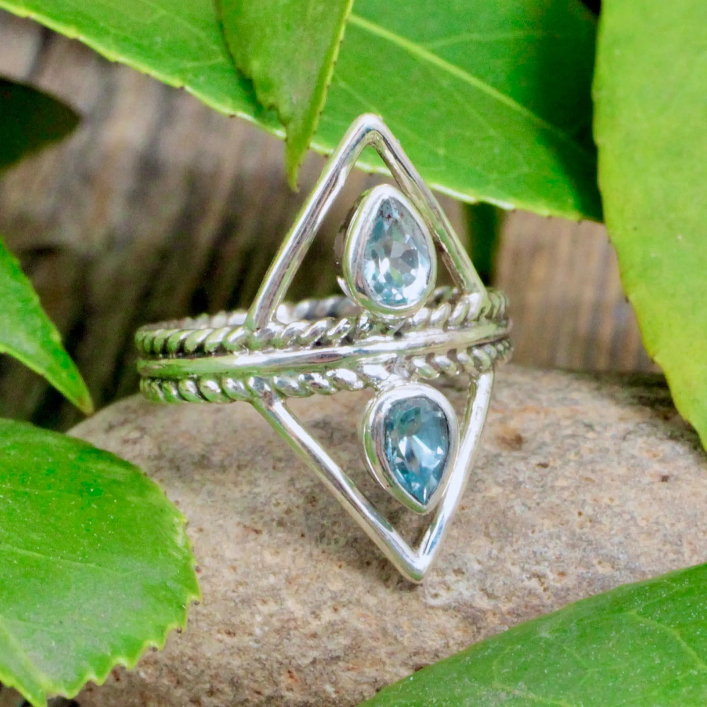 Blue Topaz Double Triangle Ring
