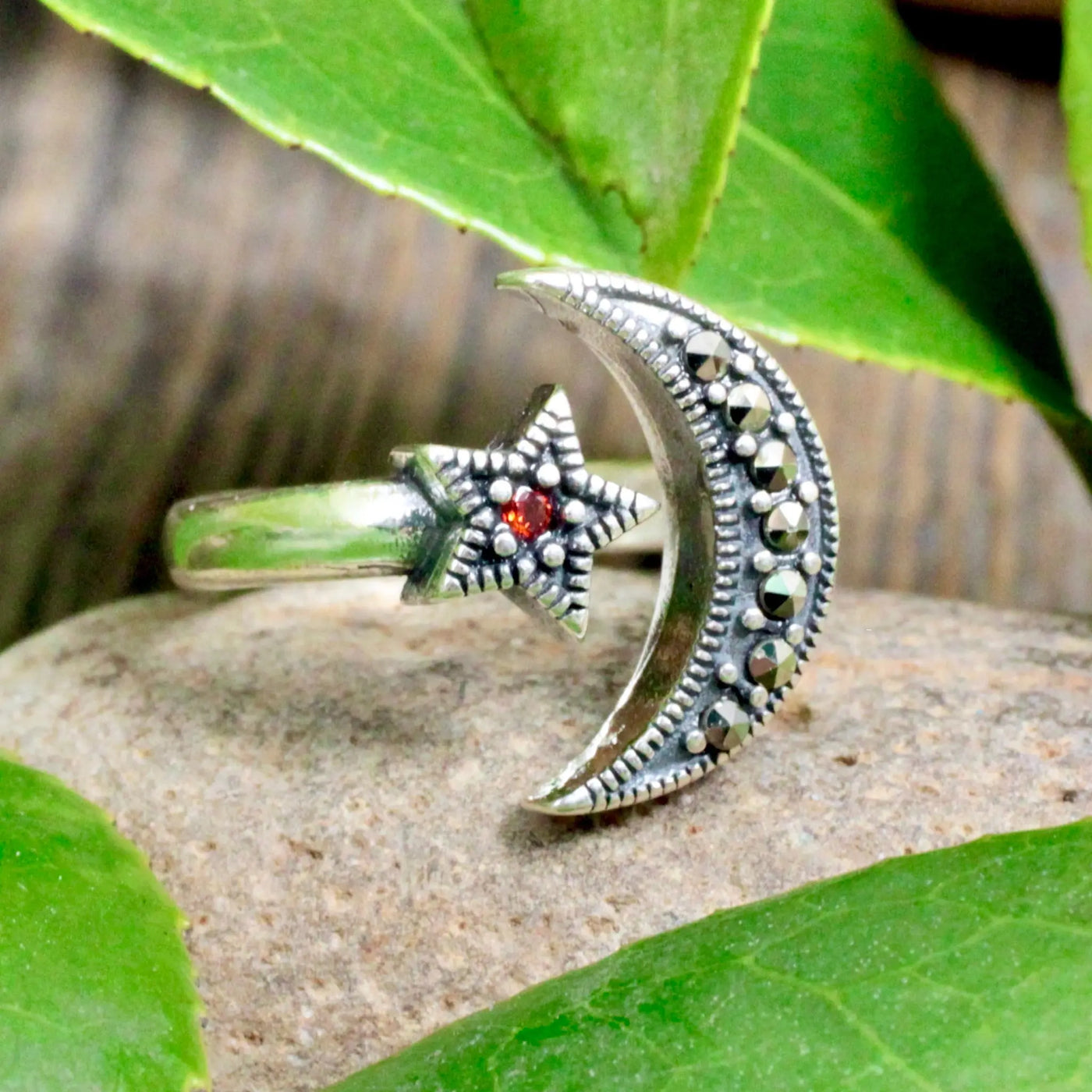 Garnet and Marcasite Moon and Star Ring