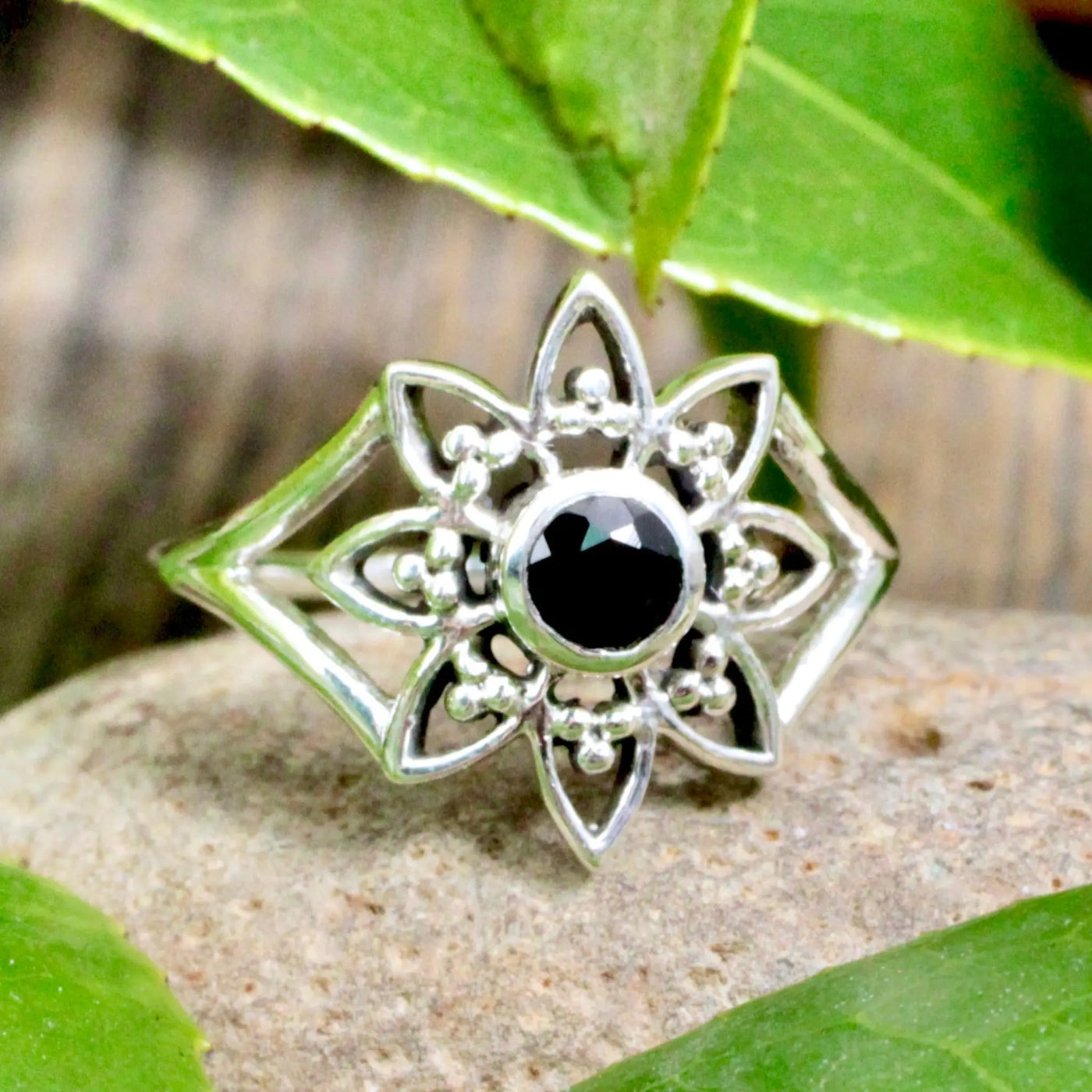 Black Onyx Flower Ring