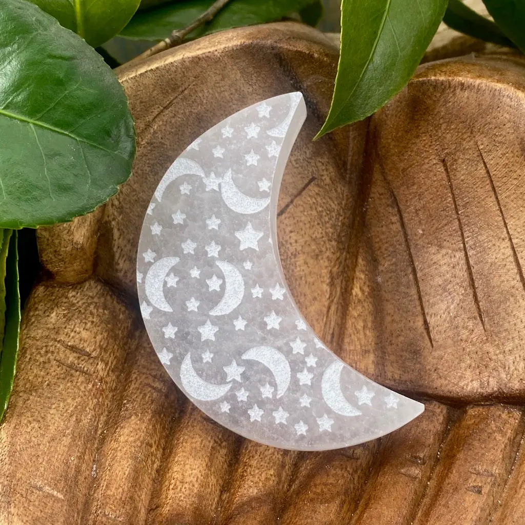 Small Selenite Moon With Etched Stars and Moons