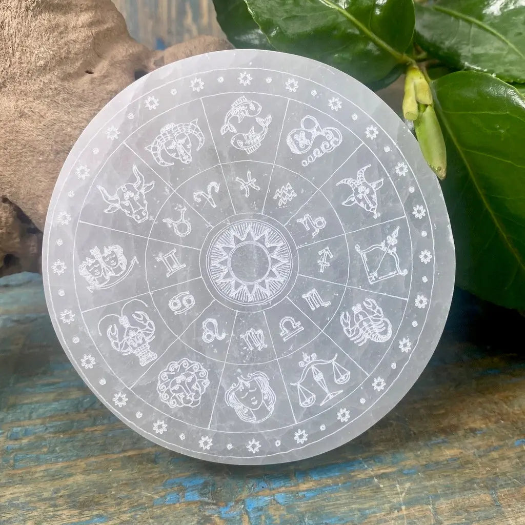 Etched Selenite Charging Plate with Zodiac Astrology Design