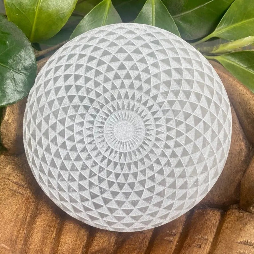 Etched Selenite Geometric Flower Charging Plate