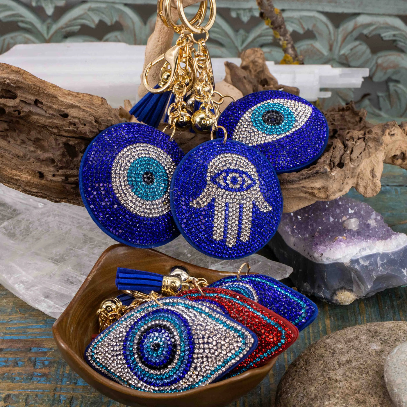 Evil Eye & Hamsa Rhinestone Keychain Collection Blue