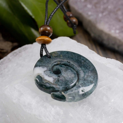 Moss Agate Sacred Symbols Spiral Amulet