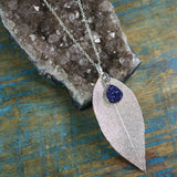 Silver Leaf with Blue Druzy Necklace