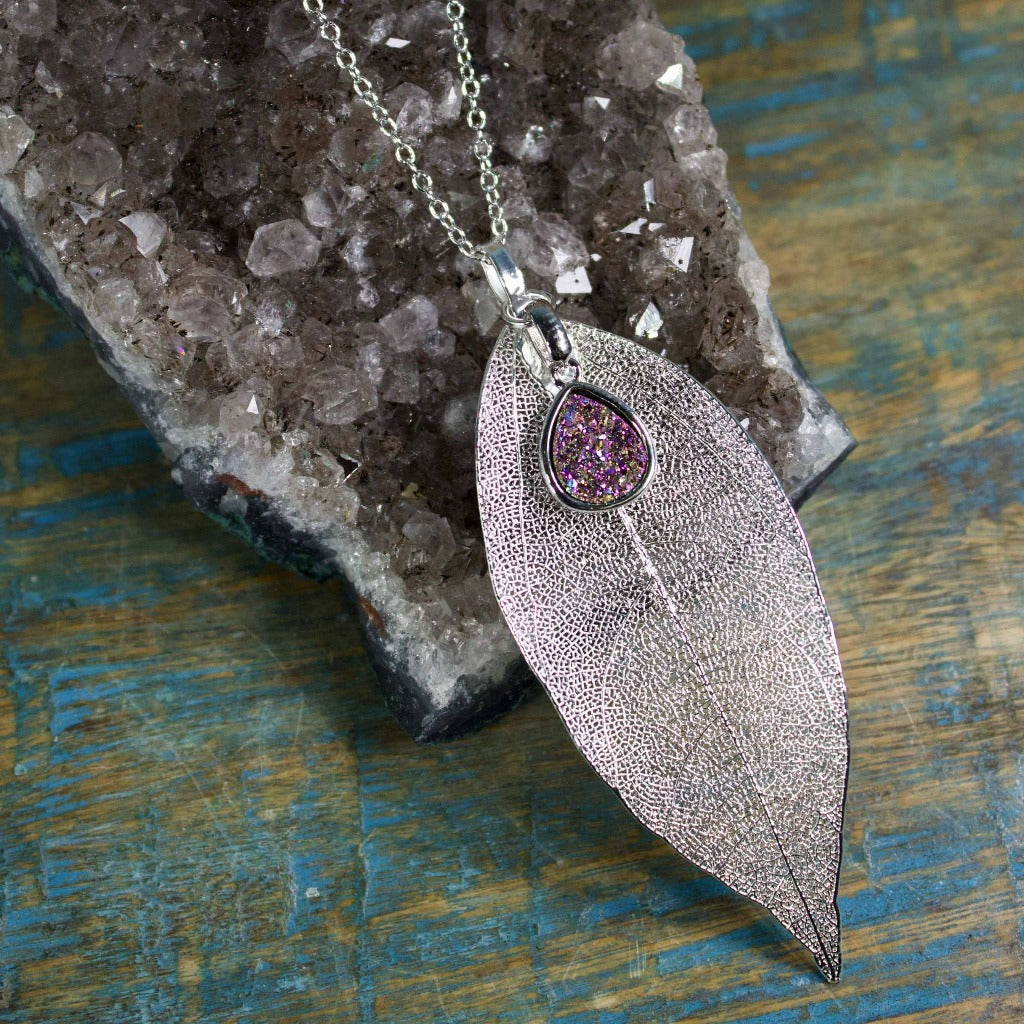Silver Leaf with Peacock Druzy Necklace