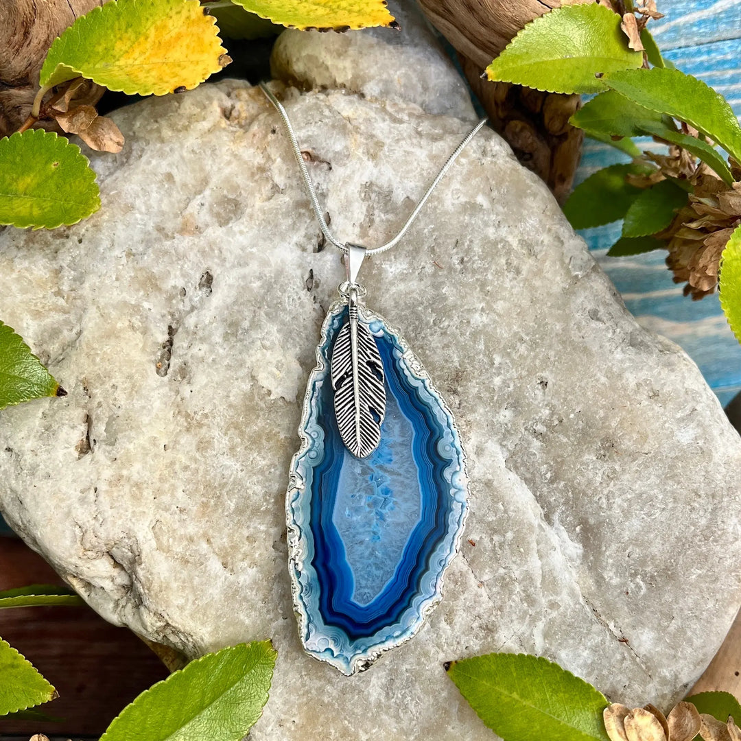 Blue Ocean Agate Necklace With Feather RockMama
