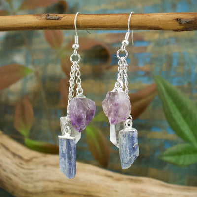 Amethyst, Kyanite and Quartz Triple Drop Earrings